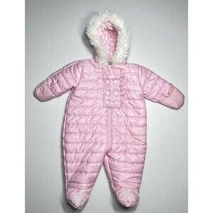 Babies R Us Snowsuit 6 months pink zip button faux fur hood winter snow cotton